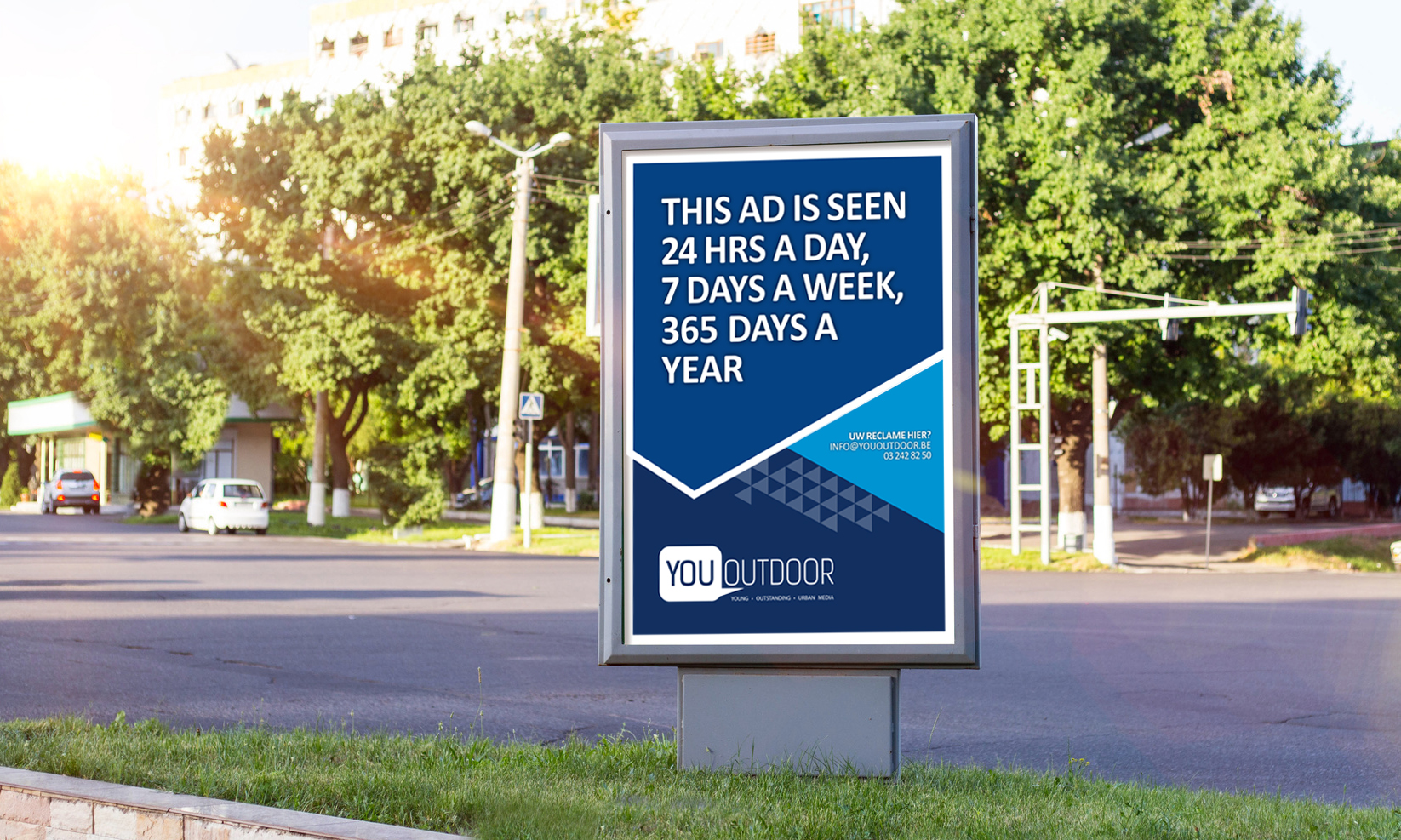 Blank white mock up of vertical light box in a bus stop in beaut